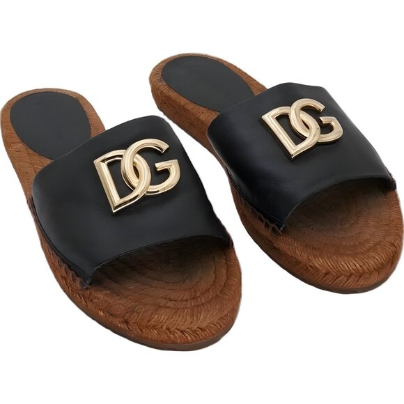 Dolce & Gabbana DG logo espadrille slide sandals black gold leather Size 38 EU - Picture 1 of 6
